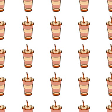 Bir bardak kapaklı ve pipetli içki. Kusursuz desenli. El çizimi vektör çizimi. karalama ya da çizgi film tarzı.