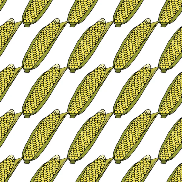 葉とトウモロコシの穂軸を熟す シームレスなパターン 手描きベクトルイラスト落書きや漫画風 — ストックベクタ