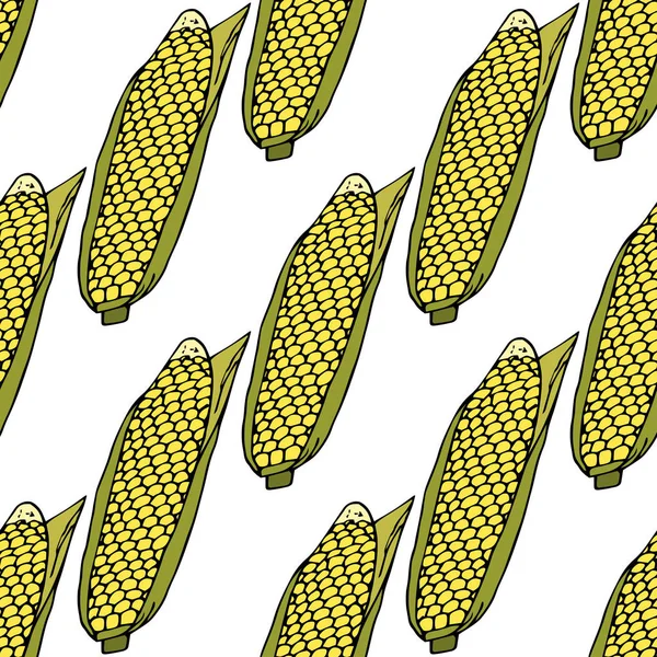 Reife Maiskolben Mit Blättern Nahtloses Muster Handgezeichnete Vektorillustration Doodles Oder — Stockvektor