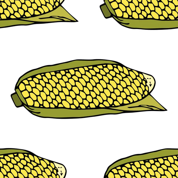 Ripe Corn Cob Leaves Seamless Pattern Hand Drawn Vector Illustration — Stock Vector