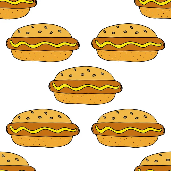 Hot Dog Seamless Pattern Hand Drawn Vector Illustration Doodles Cartoon — Stock Vector