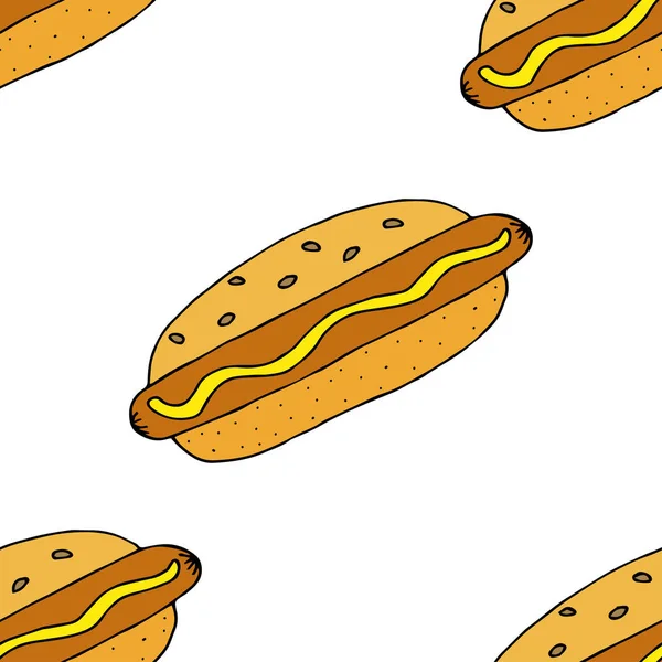 Hot Dog Seamless Pattern Hand Drawn Vector Illustration Doodles Cartoon — Stock Vector