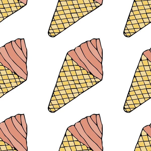 コーンワッフルカップにアイスクリーム シームレスなパターン 手描きベクトルイラスト落書きや漫画風 — ストックベクタ