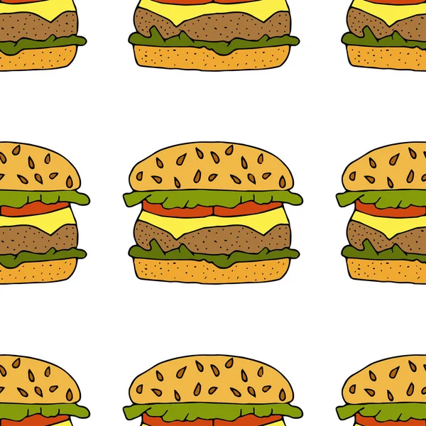 Гамбургер Чизбургер Бесшовный Шаблон Векторная Иллюстрация Вручную Каракули Мультяшный Стиль — стоковый вектор