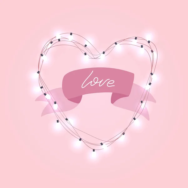 Realistic 3d electric bulb in heart shaped frame with rpink ribbon and love text. Valentines day pink holiday background. Vector illustration.