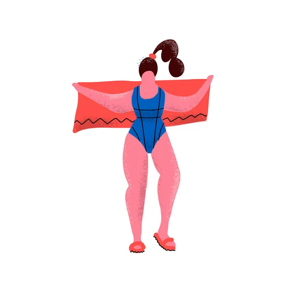 Cute confident full-figured woman in swimsuit with towel in hands. Swimming pool in gym . Funny lady in blue sport swimsuit. Flat cartoon style hand drawn illustration on white background