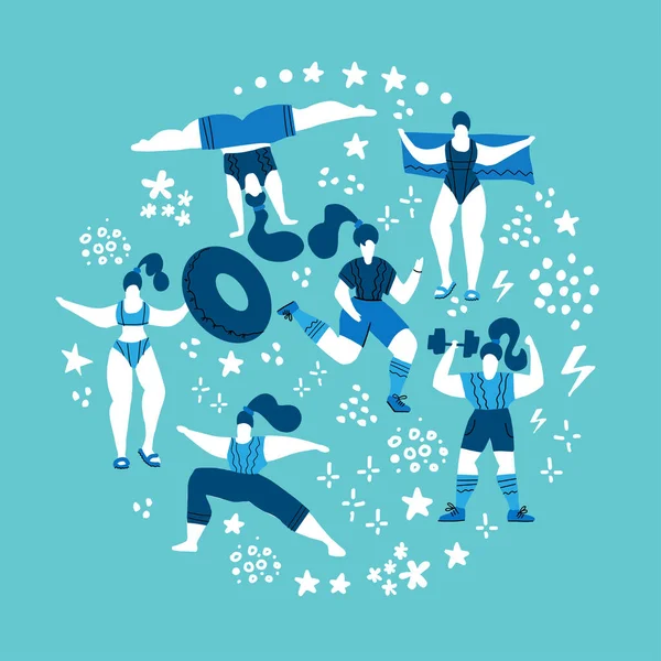 Round shape composition Women doing sports. Poses of yoga, exercises for health, swimming in pool. Cute girls flat illustration. Workout in the gym on blue background. Fitness for every woman.