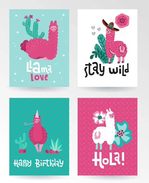 Llama and alpaca greeting card collection of cute hand drawn illustrations, design for nursery design, poster. Super cute bright print set. Lettering qoutes Happy birthday, hola, llama love, stay wild