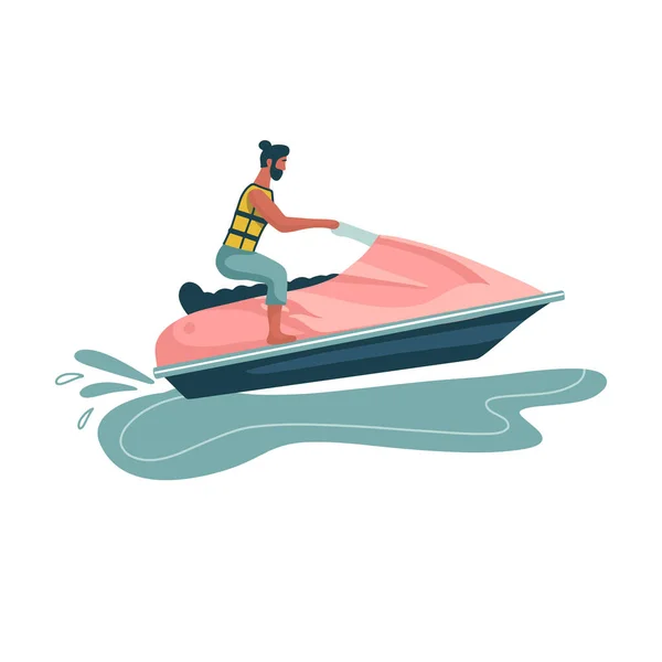 Man rides a jet ski. World Travel. Planning summer vacations. Water Sports. Fun in the ocean, Extreme Sport, water skiing flat vector illustration