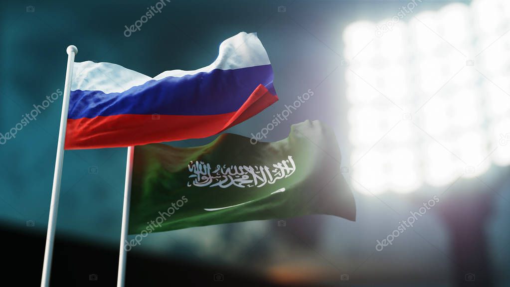 3D Illustration. Two flags waving on wind. Night stadium. Championship 2018. Soccer. Russia versus saudi arabia