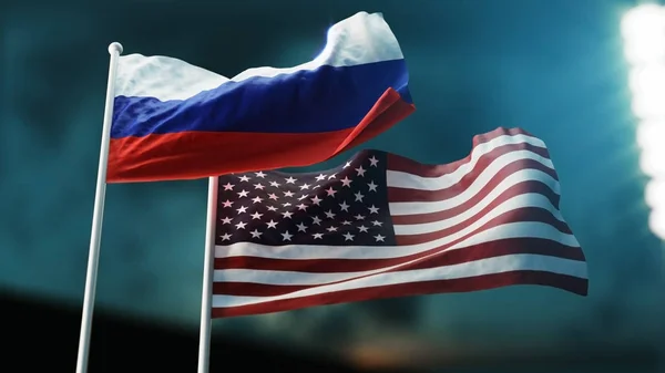 Twee vlaggen zwaaien op wind. Internationale relaties concept. Rusland VS — Stockfoto