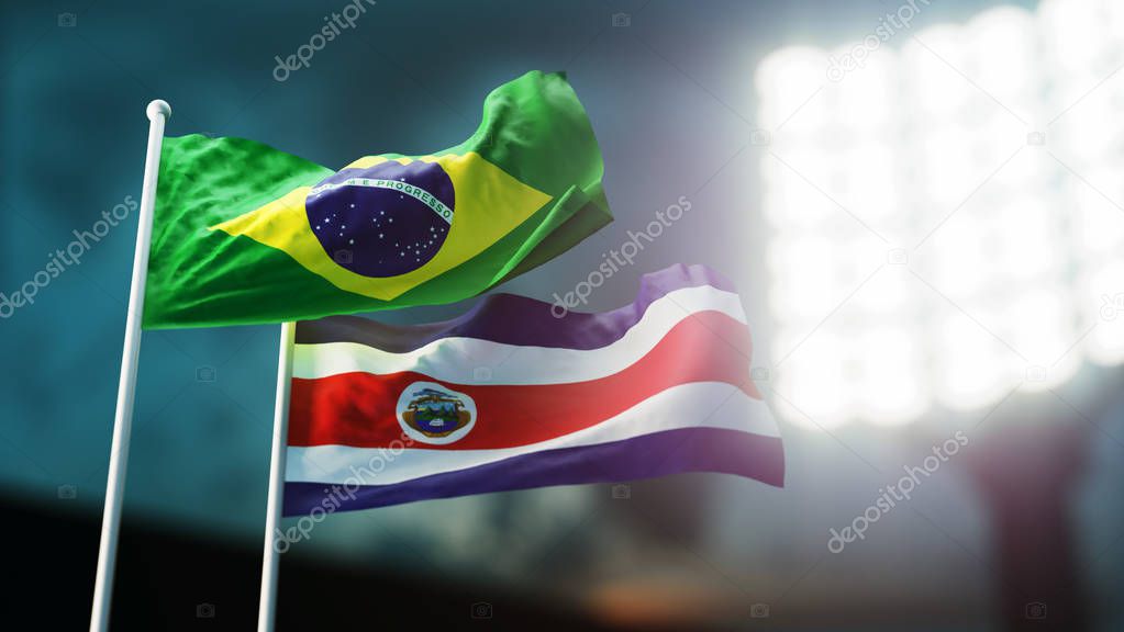 3D Illustration. Two flags waving on wind. Night stadium. Championship 2018. Soccer. Brazil versus Costa Rica