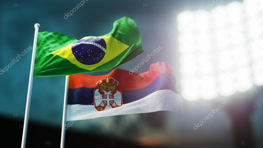 3D Illustration. Two flags waving on wind. Night stadium. Championship 2018. Soccer. Brazil versus Serbia