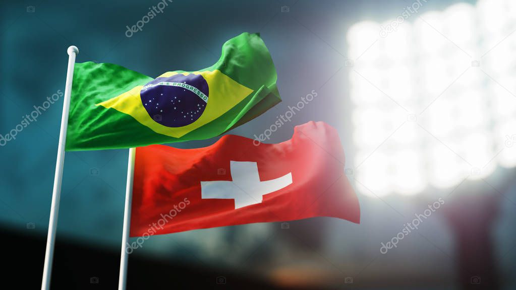 3D Illustration. Two flags waving on wind. Night stadium. Championship 2018. Soccer. Brazil versus Switzerland