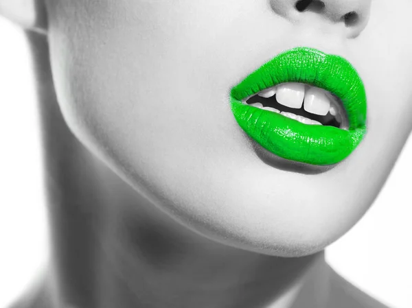 Green lips on black and white photo — Stock Photo, Image