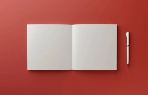 Maqueta fotorrealista libro en blanco aislado sobre fondo rojo, ilustración 3D . — Foto de Stock