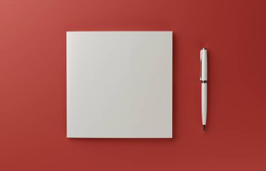 Boş fotogerçekçi kitapçık kapak mockup kırmızı zemin üzerine, 3d illüstrasyon izole.