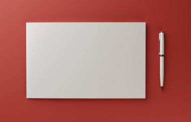 Boş fotogerçekçi kitapçık kapak mockup kırmızı zemin üzerine, 3d illüstrasyon izole.