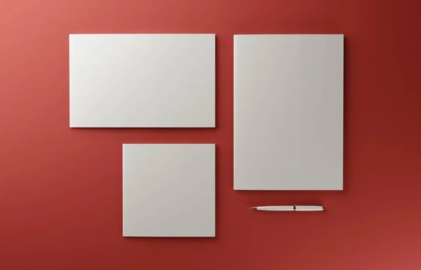 Mockup de capa de livreto fotorealista em branco isolado em fundo vermelho, ilustração 3D . — Fotografia de Stock