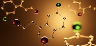 3D çizim. Mutluluk hormonu serotonin molekülünün modeli.
