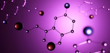 3D çizim. Mutluluk hormonu serotonin molekülünün modeli.