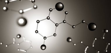 3D çizim. Mutluluk hormonu serotonin molekülünün modeli.