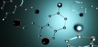 3D çizim. Mutluluk hormonu serotonin molekülünün modeli.