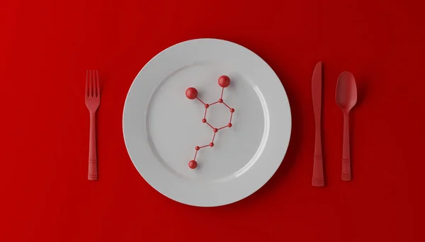 Serotonina na placa branca com colher, faca e garfo no fundo vermelho. ilustração 3d . — Fotografia de Stock