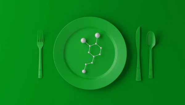 Szerotonin, kanalat, kést és villát zöld háttér zöld tányéron. 3D-s illusztráció. — Stock Fotó
