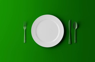 Boş tabak, çatal ve bıçak üzerinde yeşil arka plan izole. 3D çizim