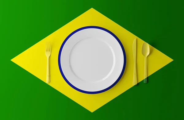 Cozinha autêntica do Brasil. Prato com Bandeira Brasileira e Talheres. ilustração 3d . — Fotografia de Stock