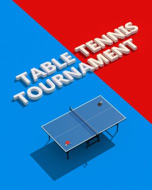 Masa Tenisi Turnuvası Posterler Tasarım. Tablo ve raketler Masa Tenisi için. 3D çizim