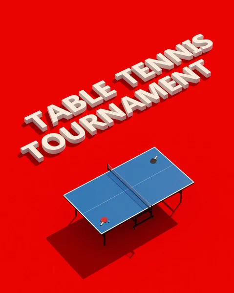 Stolní tenis turnaj plakáty designu. Stůl a rakety na stolní tenis. 3D obrázek — Stock fotografie