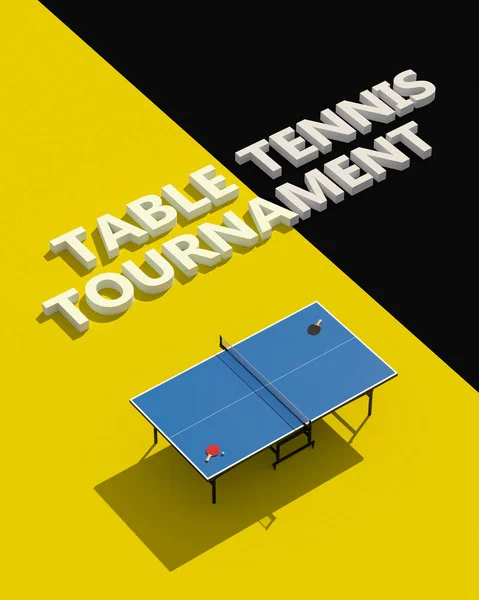 Diseño de carteles de torneos de tenis de mesa. Mesa y raquetas para ping-pong. ilustración 3d —  Fotos de Stock