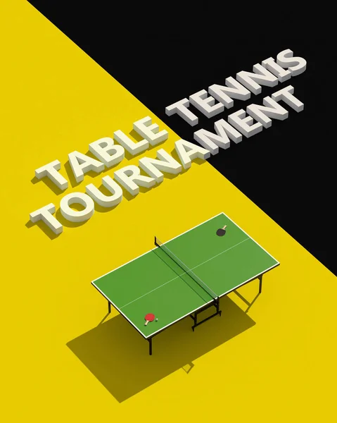 Σχεδιασμός αφισών τουρνουά πινγκ-πονγκ. Πίνακας και ρακέτες πινγκ-πονγκ. 3D απεικόνιση — Φωτογραφία Αρχείου