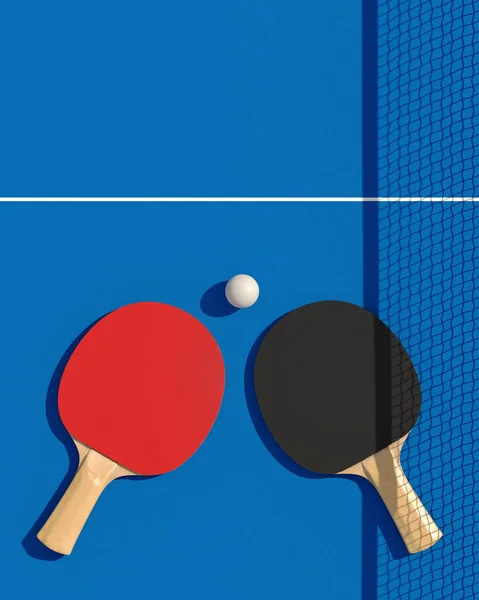 Δύο πινγκ-πονγκ ή ping pong ρακέτες και μπάλα σε ένα τραπέζι με καθαρή 3d απεικόνιση — Φωτογραφία Αρχείου