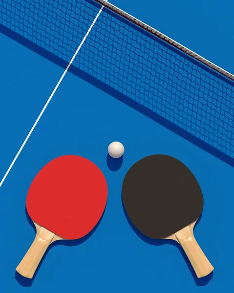 Δύο πινγκ-πονγκ ή ping pong ρακέτες και μπάλα σε ένα τραπέζι με καθαρή 3d απεικόνιση — Φωτογραφία Αρχείου