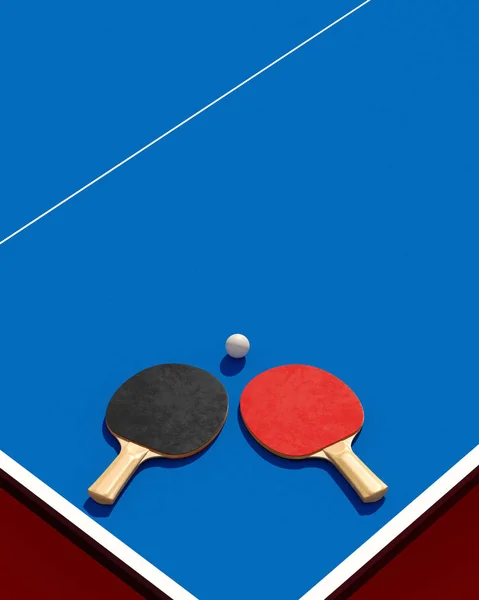 Δύο πινγκ-πονγκ ή ping pong ρακέτες και μπάλα σε ένα τραπέζι με καθαρή 3d απεικόνιση — Φωτογραφία Αρχείου