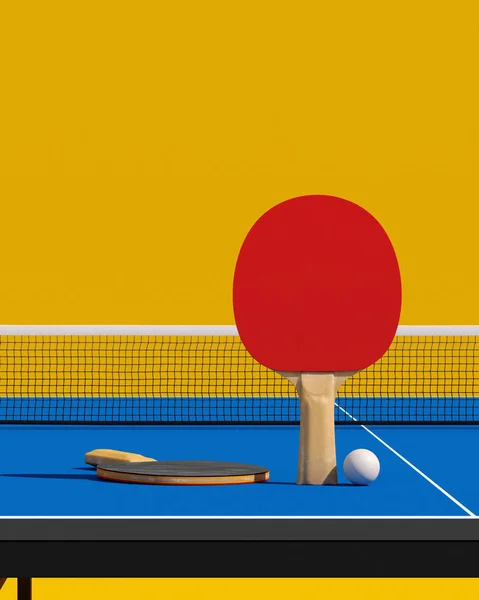 Plakat dwa tenis stołowy lub ping pong rakiety i piłki na stole z netto ilustracja 3d — Zdjęcie stockowe