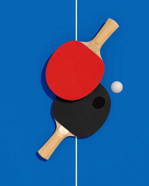 포스터 두 테이블 테니스 또는 핑 탁구 라켓과 그물 3d 일러스트와 함께 테이블에 공을 — 스톡 사진