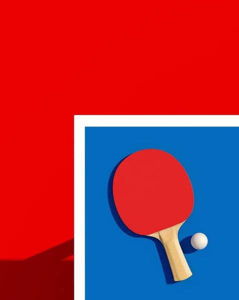 Racchetta da ping pong o da ping pong e palla su un tavolo illustrazione 3d. Manifesto — Foto Stock