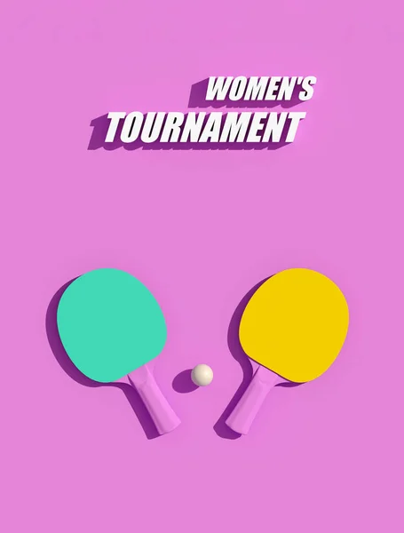 Dwa tenis stołowy lub ping pong rakiety i piłka plakat turnieju projektowanie 3d ilustracja — Zdjęcie stockowe