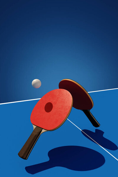 Two table tennis or ping pong rackets and ball tournament poster design 3d illustration
