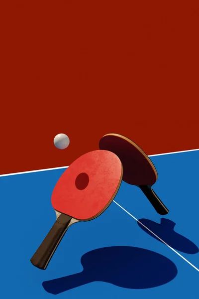 Két asztali tenisz és a ping pong ütők és labda bajnokság poszter design 3D-s illusztráció — Stock Fotó