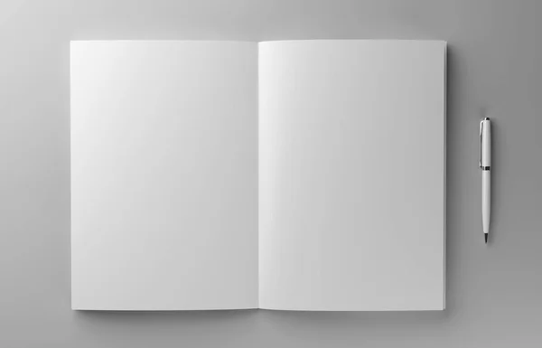 Brochura fotorealista em branco com caneta mockup em fundo cinza claro, ilustração 3d . — Fotografia de Stock