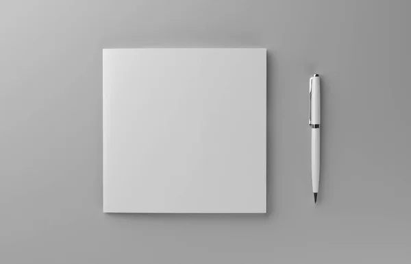 Blank photorealistic brochure with pen mockup on light grey background, 3d Illustration. — Stock Photo, Image