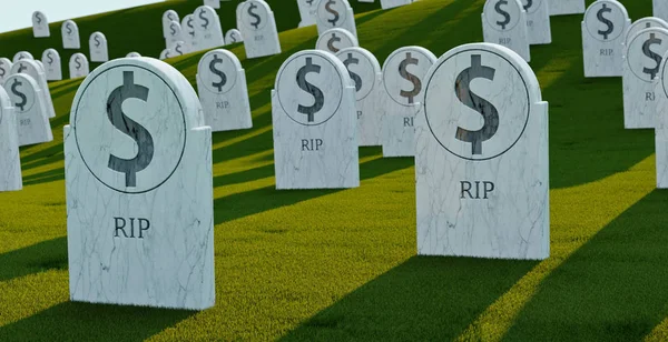 cemetery with bit coin graves. 3d illustration. Concept of bit coin collapse. Rip