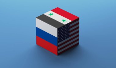 Rusya ve Amerika Birleşik Devletleri'nin Suriye arasında çatışma. Kavram. Karar küp. 3D çizim