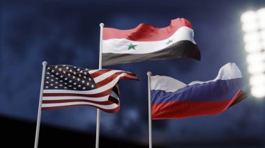 Rusya ve Amerika Birleşik Devletleri'nin Suriye arasında çatışma. Kavram. Üç dalgalanan bayrak. 3D çizim