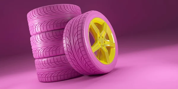 Rodas de carro rosa conjunto com discos amarelos no fundo rosa. Conceito de corrida de mulheres. Desenho de cartaz. Pilha. ilustração 3d . — Fotografia de Stock